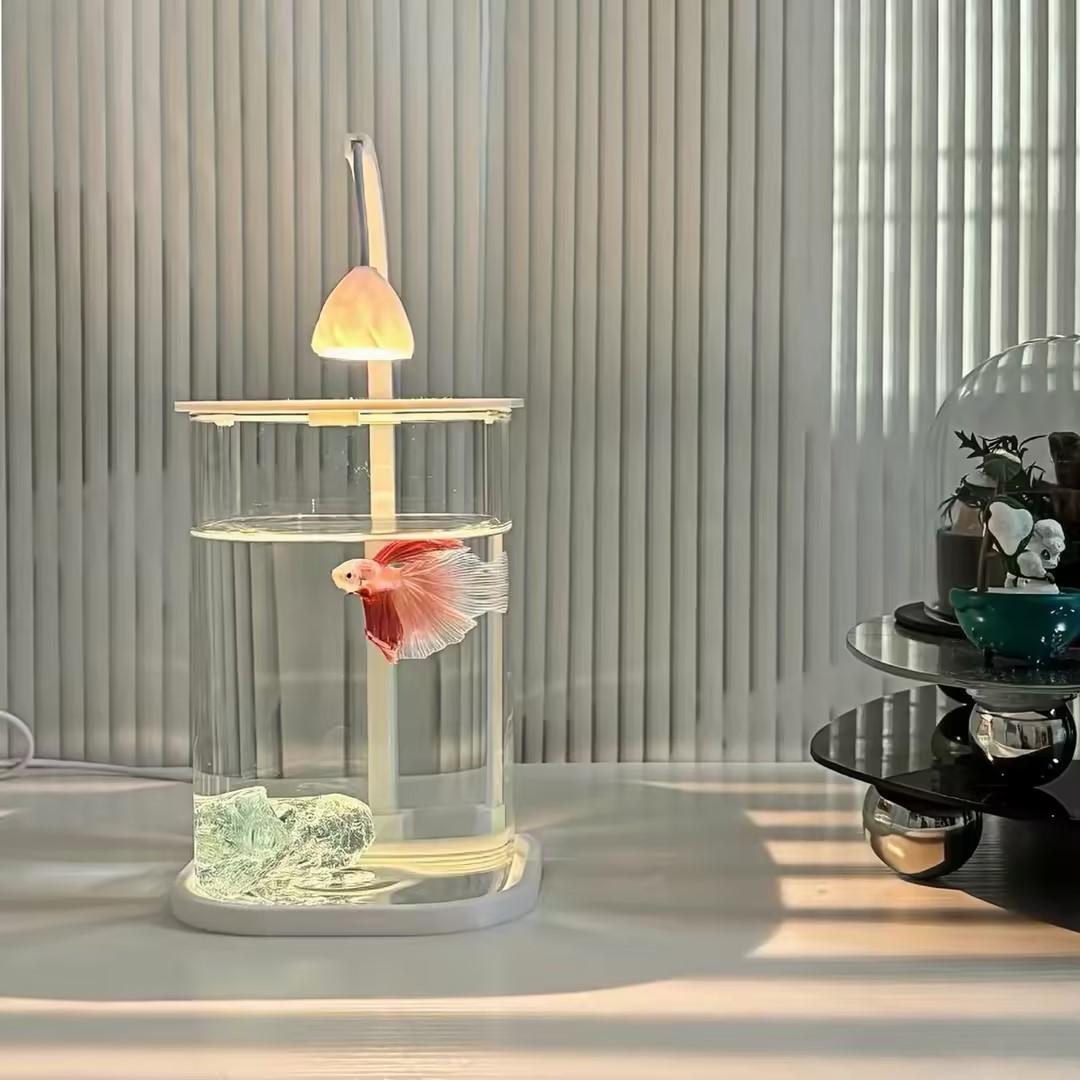Planted Aquarium For Goldfish - 360 ° パノラマクリアデスクトップ水槽 ミニアクアリウム LEDライト装飾付き 小型透明テラリウム