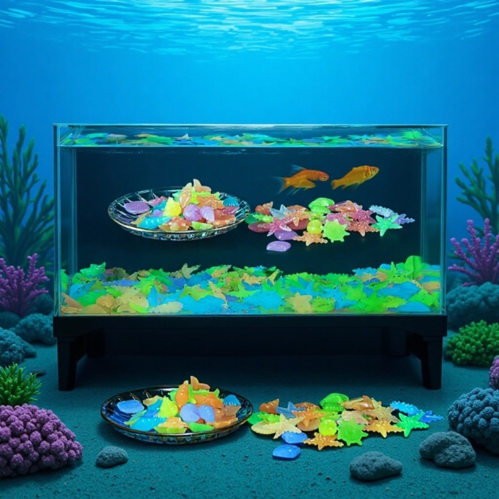 Aquarium Plant Ornament - 光る発光海洋石、蛍光貝殻、カラフルなヒトデ、水槽の景観装飾用、暗闇で光る