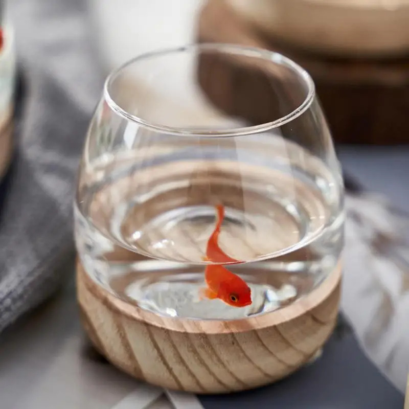 Planted Aquarium For Goldfish - 装飾的な丸いガラス水槽、木製台座付き - 金魚や水耕栽培植物用の透明水槽、スタイリッシュな家の装飾