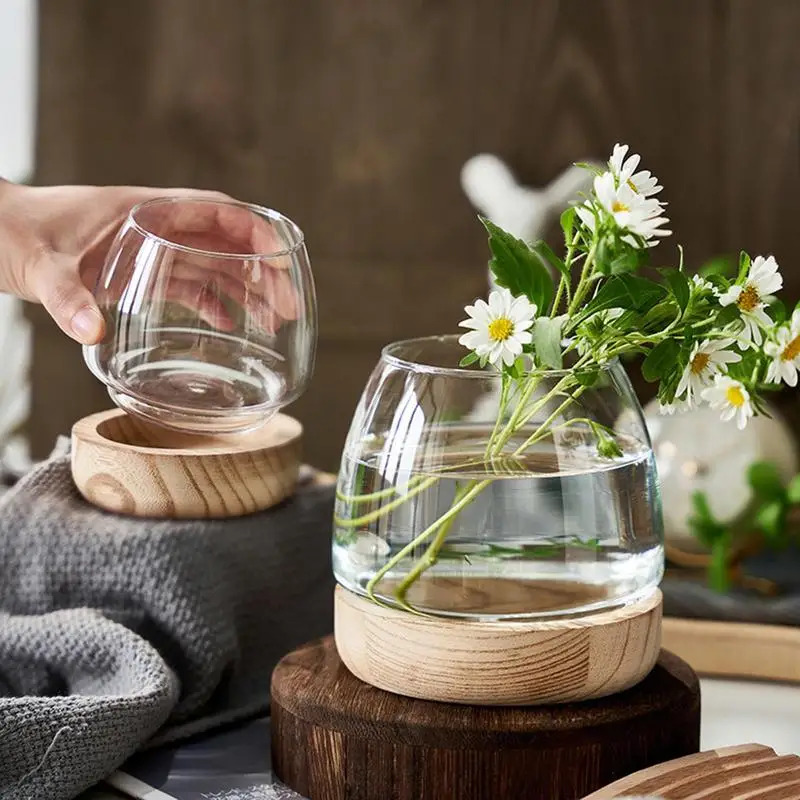 装飾的な丸いガラス水槽、木製台座付き - 金魚や水耕栽培植物 - Planted Aquarium For Goldfish のレビューと価格