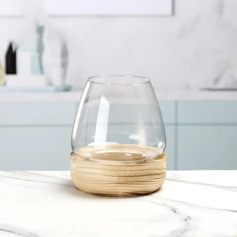 装飾的な丸いガラス水槽、木製台座付き - 金魚や水耕栽培植物 - Planted Aquarium For Goldfish のレビューと価格